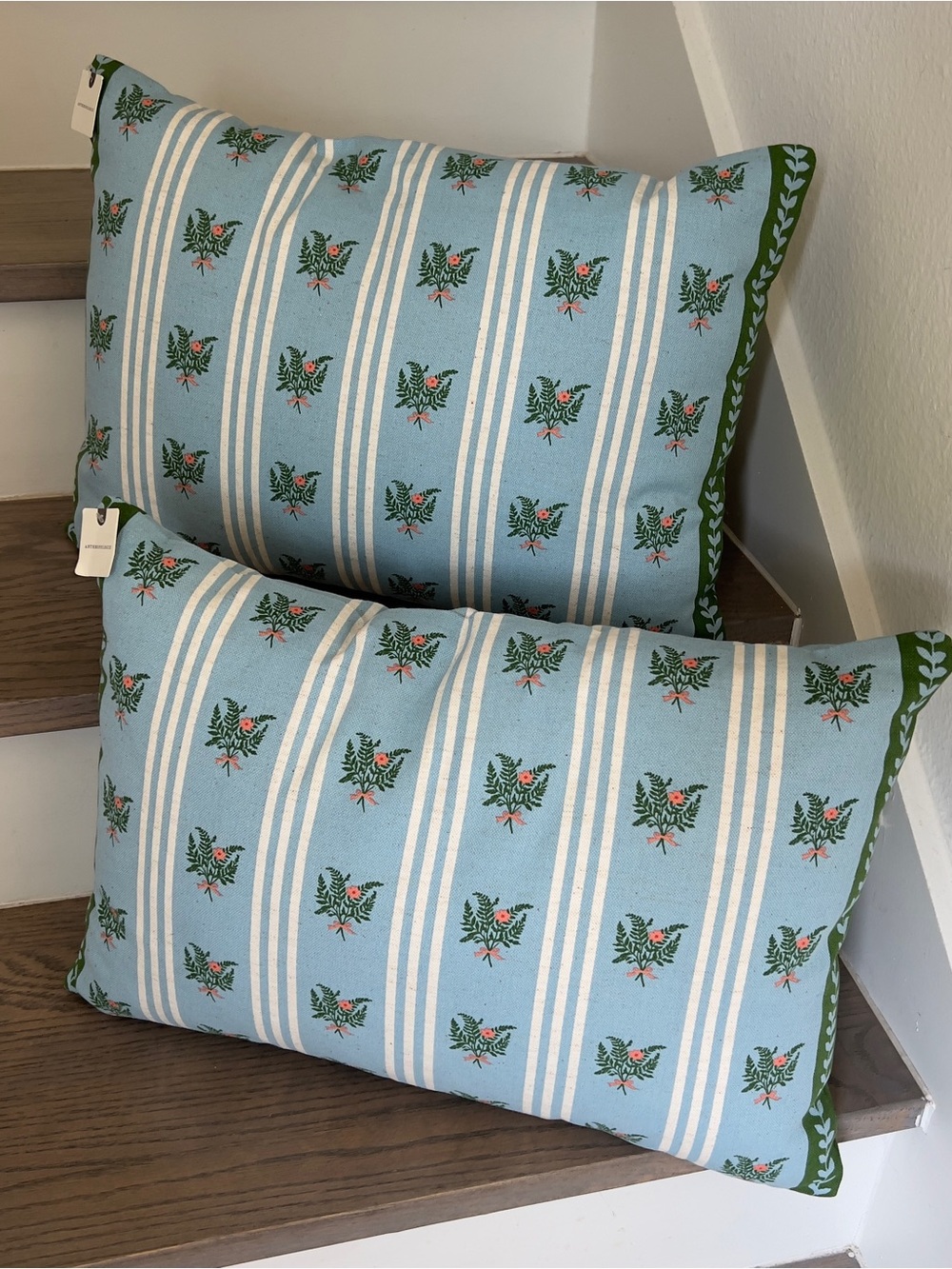 Anthropologie SET OF TWO Tess Cotton Screen Printed Floral Striped Pillow NWT